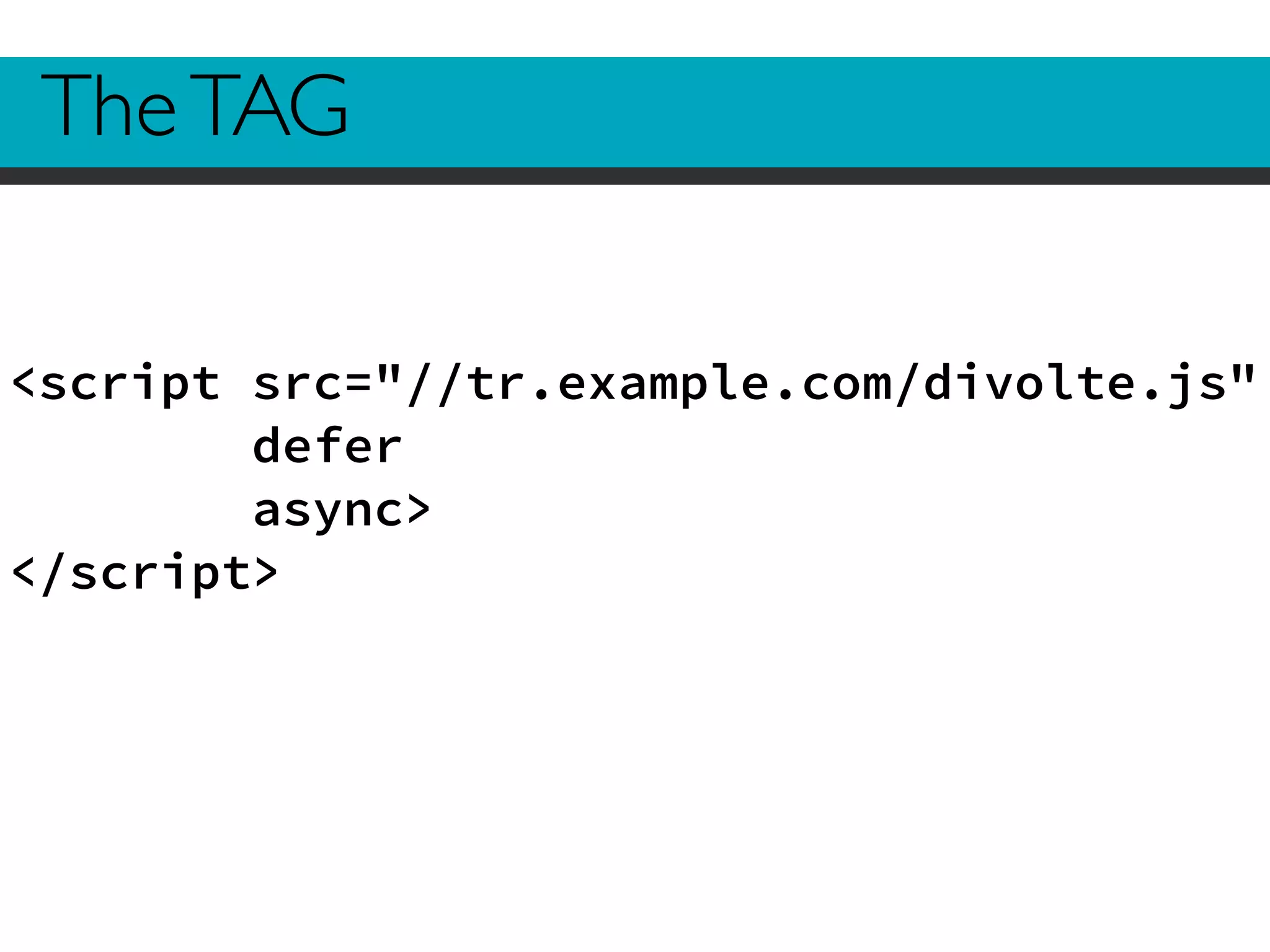 The TAG 
<script src="//tr.example.com/divolte.js" 
defer 
async> 
</script> 
 