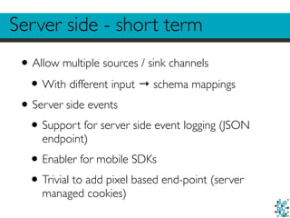 Server side - short term
•Allow multiple sources / sink channels
•With different input → schema mappings
•Server side events
•Support for server side event logging (JSON
endpoint)
•Enabler for mobile SDKs
•Trivial to add pixel based end-point (server
managed cookies)
 