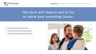 DIVORCE 101: Stage Two/Three: The New Jersey Divorce Process
• Court-Ordered Parenting Classes
• Parents Propose Parenting...