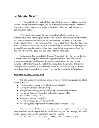 The Divorce Experience:  A Study of Divorce at Midlife and Beyond, AARP, May 2004 
  ‐ 31 ‐ 
   
V. Life after Divorce 
 
  Freedom, self‐identity, and fulfillment are the buzzwords of a better life after 
divorce.  Being alone is the damper, but the experience shows divorcees’ resiliency.  
The majority stand on the upper rungs of the ladder of life, and look forward to 
climbing even higher. 
 
  While women appreciate their new‐found self‐identity, freedom, and 
independence, their finances pose hurdles after divorce.  Men also like their freedom 
and being able to do what they want and not having to answer to or deal with 
another person; however they are more than twice as likely to say that they like being 
with a better mate.  Although only one in ten men say it, they mention having more 
sex or different sexual experiences five times more than women as something they 
like best after divorce.  They also tend to be better off financially.  
 
  On the whole, life is good after divorce.  The majority feel they are on the top 
of the ladder of life, despite stresses that plague them to the same extent as the 
population in general, and bouts of depression among some.   In fact, the vast 
majority feel that they made the right decision in getting the divorce.  This is true 
among women regardless of whether they remarried or remained single.  Among 
men, those who remarried are more apt to say that they made the right decision.
 
Life after Divorce ‐ What’s Best 
 
  The following were mentioned as one of the top three things people like about 
life after divorce: 
• Freedom/independence to do what I want to do (41%) 
• Having my own self‐identity (36%) 
• Being able to do things for myself, for my own self‐fulfillment (35%) 
• Not having to answer to or deal with another person (31%) 
• Better off financially (22%) 
• Being with a better mate (18%) 
• Having my house the way I want it (15%)  
• Not having to be responsible for or take care of someone (14%) 
 
  Women are more likely than men to appreciate having their own self‐identity, 
their new‐found freedom (also true for unmarried men), and not having to deal with 
another person (also true for unmarried men and women). 
 