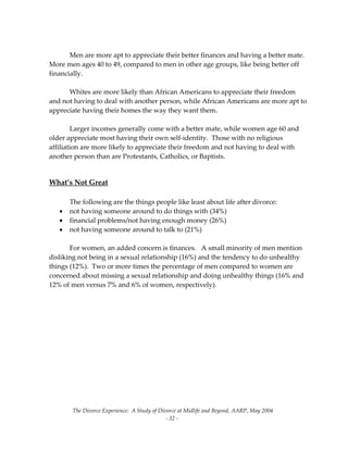 The Divorce Experience:  A Study of Divorce at Midlife and Beyond, AARP, May 2004 
  ‐ 32 ‐ 
 
  Men are more apt to appreciate their better finances and having a better mate.   
More men ages 40 to 49, compared to men in other age groups, like being better off 
financially.   
 
  Whites are more likely than African Americans to appreciate their freedom 
and not having to deal with another person, while African Americans are more apt to 
appreciate having their homes the way they want them.   
 
  Larger incomes generally come with a better mate, while women age 60 and 
older appreciate most having their own self‐identity.  Those with no religious 
affiliation are more likely to appreciate their freedom and not having to deal with 
another person than are Protestants, Catholics, or Baptists. 
 
What’s Not Great 
 
  The following are the things people like least about life after divorce: 
• not having someone around to do things with (34%) 
• financial problems/not having enough money (26%) 
• not having someone around to talk to (21%) 
 
  For women, an added concern is finances.   A small minority of men mention 
disliking not being in a sexual relationship (16%) and the tendency to do unhealthy 
things (12%).  Two or more times the percentage of men compared to women are 
concerned about missing a sexual relationship and doing unhealthy things (16% and 
12% of men versus 7% and 6% of women, respectively). 
 