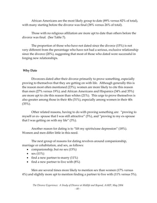 The Divorce Experience:  A Study of Divorce at Midlife and Beyond, AARP, May 2004 
  ‐ 40 ‐ 
  African Americans are the most likely group to date (89% versus 82% of total), 
with many starting before the divorce was final (38% versus 26% of total). 
 
  Those with no religious affiliation are more apt to date than others before the 
divorce was final.  (See Table 7). 
    
  The proportion of those who have not dated since the divorce (15%) is not 
very different from the percentage who have not had a serious, exclusive relationship 
since the divorce (20%), suggesting that most of those who dated were successful in 
forging new relationships. 
 
 
 Why Date 
 
  Divorcees dated after their divorce primarily to prove something, especially 
proving to themselves that they are getting on with life.  Although generally this is 
the reason most often mentioned (23%), women are more likely to cite this reason 
than men (27% versus 19%); and African Americans and Hispanics (34% and 35%) 
are more apt to cite this reason than whites (21%).  This urge to prove themselves is 
also greater among those in their 40s (31%), especially among women in their 40s 
(35%).   
 
  Other related reasons, having to do with proving something are:  “proving to 
myself or ex‐ spouse that I was still attractive” (5%), and “proving to my ex‐spouse 
that I was getting on with my life” (3%). 
 
  Another reason for dating is to “lift my spirits/ease depression” (18%).   
Women and men differ little in this need.   
 
  The next group of reasons for dating revolves around companionship, 
marriage or cohabitation, and sex, as follows: 
• companionship, but no sex (15%) 
• sex (11%) 
• find a new partner to marry (11%) 
• find a new partner to live with (8%) 
 
  Men are several times more likely to mention sex than women (17% versus 
4%) and slightly more apt to mention finding a partner to live with (11% versus 5%). 
 