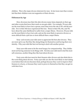 The Divorce Experience:  A Study of Divorce at Midlife and Beyond, AARP, May 2004 
  ‐ 52 ‐ 
children.  This is the major divorce deterrent for men.  In fact more men than women 
feel that their children were not supportive of their divorce. 
 
Differences by Age 
 
  How divorcees face their life after divorce many times depends on their age 
and other events that leave their mark as one gets older.  For example, 70‐year‐olds 
are the most likely to have lost a spouse; more than twice the rate of 50‐ and 60‐year‐
olds.  Few in their 40s have experienced this loss.  Those in their 50s, 60s, and 70s 
have about the same likelihood to suffer from a major illness.  However, 50‐year‐olds 
are the most likely to have lost a job, and are the most likely to perceive divorce as 
more difficult than a job loss or more difficult than a major illness.   
 
  Sixty‐ and seventy‐year‐olds seem to appreciate life best after divorce.  They 
are more apt to say that they like doing things for themselves and having their own 
identity.  Fifty‐year‐olds like best not having to deal with another person.   
 
  Sixty‐year‐olds seem to be the most hungry for companionship.  They dislike 
most not having someone to do things with.  Seventy‐year‐olds tend to feel the most 
self‐conscious, another thing they like least about divorce. 
 
  Forty‐year‐olds fear most for their finances after divorce and also think this is 
the worst thing about divorce.  Forty‐year‐olds are also the most likely to start dating 
even before their divorce becomes final, perhaps because they want to improve their 
finances in a hurry, or because they want to prove to themselves that they can get on 
with their lives. 
 
 
 