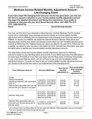 Form SSA-44 (11-2014)
Destroy Prior Editions
Social Security Administration
Medicare Income-Related Monthly Adjustment Amount -
Life-Changing Event
Form Approved
OMB No. 0960-0784
Page 1
If you had a major life-changing event and your income has gone down, you may use
this form to request a reduction in your income-related monthly adjustment amount.
See page 5 for detailed information and line-by-line instructions. If you prefer to
schedule an interview with your local Social Security office, call 1-800-772-1213
(TTY 1-800-325-0778).
Name Social Security Number
You may use this form if you received a notice that your monthly Medicare Part B (medical
insurance) or prescription drug coverage premiums include an income-related monthly
adjustment amount (IRMAA) and you experienced a life-changing event that may reduce your
IRMAA. To decide your IRMAA, we asked the Internal Revenue Service (IRS) about your
adjusted gross income plus certain tax-exempt income which we call "modified adjusted gross
income" or MAGI from the Federal income tax return you filed for tax year 2013. If that was not
available, we asked for your tax return information for 2012. We took this information and used
the table below to decide your income-related monthly adjustment amount.
The table below shows the income-related monthly adjustment amounts for Medicare
premiums based on your tax filing status and income. If your MAGI was lower than $85,000.01
(or lower than $170,000.01 if you filed your taxes with the filing status of married, filing jointly)
in your most recent filed tax return, you do not have to pay any income-related monthly
adjustment amount. If you do not have to pay an income-related monthly adjustment amount,
you should not fill out this form even if you experienced a life-changing event.
If you filed your taxes as: And your MAGI was:
Your Part B
monthly
adjustment is:
Your prescription
drug coverage
monthly
adjustment is:
-Single,
-Head of household,
-Qualifying widow(er) with dependent
child, or
-Married filing separately (and you did
not live with your spouse in tax year)*
$ 85,000.01 - $107,000.00
$107,000.01 - $160,000.00
$160,000.01 - $214,000.00
More than $214,000
$ 42.00
$104.90
$167.80
$230.80
$ 12.30
$ 31.80
$ 51.30
$ 70.80
-Married, filing jointly
$170,000.01 - $214,000.00
$214,000.01 - $320,000.00
$320,000.01 - $428,000.00
More than $428,000
$ 42.00
$104.90
$167.80
$230.80
$ 12.30
$ 31.80
$ 51.30
$ 70.80
-Married, filing separately (and you
lived with your spouse during part of
that tax year)*
$ 85,000.01 - $129,000.00
More than $129,000
$167.80
$230.80
$ 51.30
$ 70.80
* Let us know if your tax filing status for the tax year was Married, filing separately, but you lived apart
from your spouse at all times during that tax year.
 