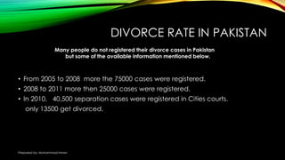 DIVORCE RATE IN PAKISTAN
• From 2005 to 2008 more the 75000 cases were registered.
• 2008 to 2011 more then 25000 cases were registered.
• In 2010, 40,500 separation cases were registered in Cities courts.
only 13500 get divorced.
Many people do not registered their divorce cases in Pakistan
but some of the available information mentioned below.
Prepared by: Muhammad Imran
 
