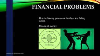 FINANCIAL PROBLEMS
Due to Money problems families are falling
Apart.
Misuse of money
due to monetary constraints.
Prepared by: Muhammad Imran
 