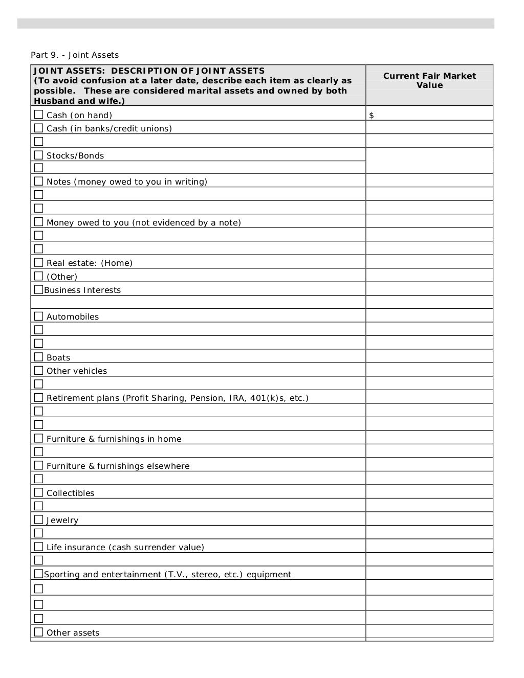 Divorce finance worksheet