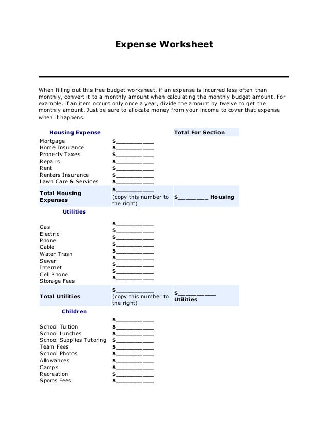 monthly expense worksheet
