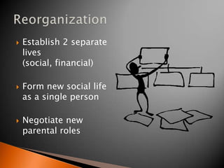    Establish 2 separate
    lives
    (social, financial)

   Form new social life
    as a single person

   Negotiate new
    parental roles
 