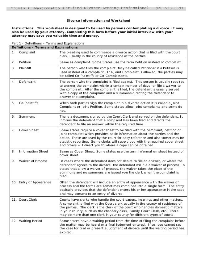 Printables Divorce Financial Worksheet divorce information and worksheet instructions this is designed to be used by persons contemplating