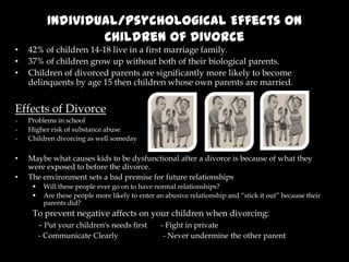 Individual/Psychological Effects on Children of Divorce42% of children 14-18 live in a first marriage family.37% of children grow up without both of their biological parents.Children of divorced parents are significantly more likely to become delinquents by age 15 then children whose own parents are married.Effects of DivorceProblems in school