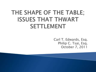 THE SHAPE OF THE TABLE;ISSUES THAT THWART SETTLEMENT Carl T. Edwards, Esq. Philip C. Tsai, Esq. October 7, 2011 