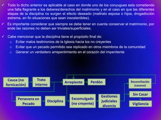  Todo lo dicho anterior es aplicable al caso en donde uno de los conyugues esta cometiendo
  una falta flagrante a los deberes/derechos del matrimonio y en el caso en que las diferentes
  etapas de la disciplina no surgen el efecto deseado (maltrato esposa o hijos, drogadicción
  extrema, en fin situaciones que sean insostenibles).
 Es importante considerar que siempre se debe tener en cuenta conservar el matrimonio, por
  ende las razones no deben ser triviales/superficiales.

 Cabe mencionar que la disciplina tiene el propósito final de:
   o Evitar malos testimonios de la Iglesia hacia los no creyentes
   o Evitar que un pecado permitido sea replicado en otros miembros de la comunidad
   o Generar un verdadero arrepentimiento en el corazón del impenitente




   Causa (no         Trato
                                         Arrepiente    Perdón                  Reconciliación
  fornicación)      interno                                                      (casarse)


                                                             Gestiones          Sin Casar
         Persevera en                       Excomulgado
                            Disciplina                       judiciales
           Pecado                           (no creyente)                       Vigilancia
                                                              divorcio
 