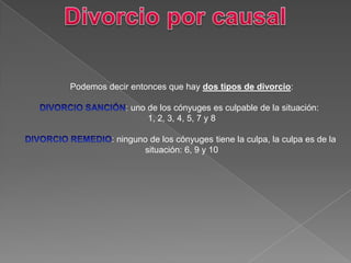 Podemos decir entonces que hay dos tipos de divorcio:
: uno de los cónyuges es culpable de la situación:
1, 2, 3, 4, 5, 7 y 8
: ninguno de los cónyuges tiene la culpa, la culpa es de la
situación: 6, 9 y 10
 