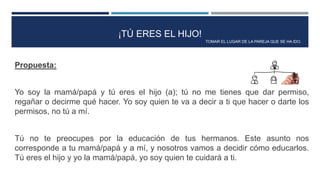 Propuesta:
Yo soy la mamá/papá y tú eres el hijo (a); tú no me tienes que dar permiso,
regañar o decirme qué hacer. Yo soy quien te va a decir a ti que hacer o darte los
permisos, no tú a mí.
Tú no te preocupes por la educación de tus hermanos. Este asunto nos
corresponde a tu mamá/papá y a mí, y nosotros vamos a decidir cómo educarlos.
Tú eres el hijo y yo la mamá/papá, yo soy quien te cuidará a ti.
¡TÚ ERES EL HIJO!
TOMAR EL LUGAR DE LA PAREJA QUE SE HA IDO.
 