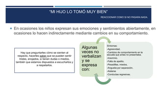 “MI HIJO LO TOMÓ MUY BIEN”
REACCIONAR COMO SI NO PASARA NADA.
 En ocasiones los niños expresan sus emociones y sentimientos abiertamente, en
ocasiones lo hacen indirectamente mediante cambios en su comportamiento.
Algunas
veces no
verbalizan
y se
expresa
con:
Síntomas:
-Agresividad.
-Cambios de comportamiento en la
escuela que antes no presentaba.
-Insomnio.
-Falta de apetito.
-Pesadillas, miedos,
-Angustia por separación,
-Aislarse
-Conductas regresivas.
Hay que preguntarles cómo se sienten al
respecto, hacerles saber que se pueden sentir
tristes, enojados, si tienen dudas o miedos,
también que estamos dispuestos a escucharlos y
a respetarlos.
 