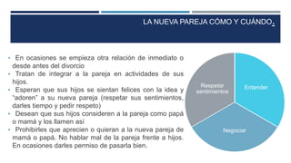 • En ocasiones se empieza otra relación de inmediato o
desde antes del divorcio
• Tratan de integrar a la pareja en actividades de sus
hijos.
• Esperan que sus hijos se sientan felices con la idea y
“adoren” a su nueva pareja (respetar sus sentimientos,
darles tiempo y pedir respeto)
• Desean que sus hijos consideren a la pareja como papá
o mamá y los llamen así
• Prohibirles que aprecien o quieran a la nueva pareja de
mamá o papá. No hablar mal de la pareja frente a hijos.
En ocasiones darles permiso de pasarla bien.
Entender
Negociar
Respetar
sentimientos
LA NUEVA PAREJA CÓMO Y CUÁNDO.
 