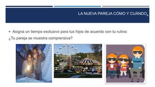  Asigna un tiempo exclusivo para tus hijos de acuerdo con tu rutina:
¿Tu pareja se muestra comprensiva?
LA NUEVA PAREJA CÓMO Y CUÁNDO.
 