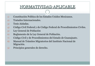 NORMATIVIDAD APLICABLE 
1) Constitución Política de los Estados Unidos Mexicanos. 
2) Tratados Internacionales. 
3) Tesis Aisladas. 
4) Código Civil Federal y de Código Federal de Procedimientos Civiles. 
5) Ley General de Población 
6) Reglamento de la Ley General de Población. 
7) Código Civil y de Procedimientos del Estado de Guanajuato. 
8) Manual de Trámites Migratorios del Instituto Nacional de 
Migración. 
9) Principios generales de derecho. 
 