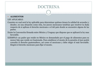 DOCTRINA 
y ALIMENTOS 
LEY APLICABLE: 
Consiste en cual será la ley aplicable para determinar quiénes tienen la calidad de acreedor y 
deudor, en una situación como ésta, los jueces mexicanos tendrían que resolver la duda 
respecto de si aplican el derecho mexicano o el del país donde se encuentre alguna de las 
partes. 
Existe la Convención firmada entre México y Uruguay que dispone que se aplicará la ley mas 
favorable. 
EJEMPLO: un padre que reside en México es demandado por el pago de alimentos para su 
menor hijo que reside en Guatemala. Para establecer el monto de la pensión el juez podrá 
consulta el derecho guatemalteco, así como el mexicano y debe elegir el más favorable. 
Elegirá el derecho mexicano para fijar el monto. 
 