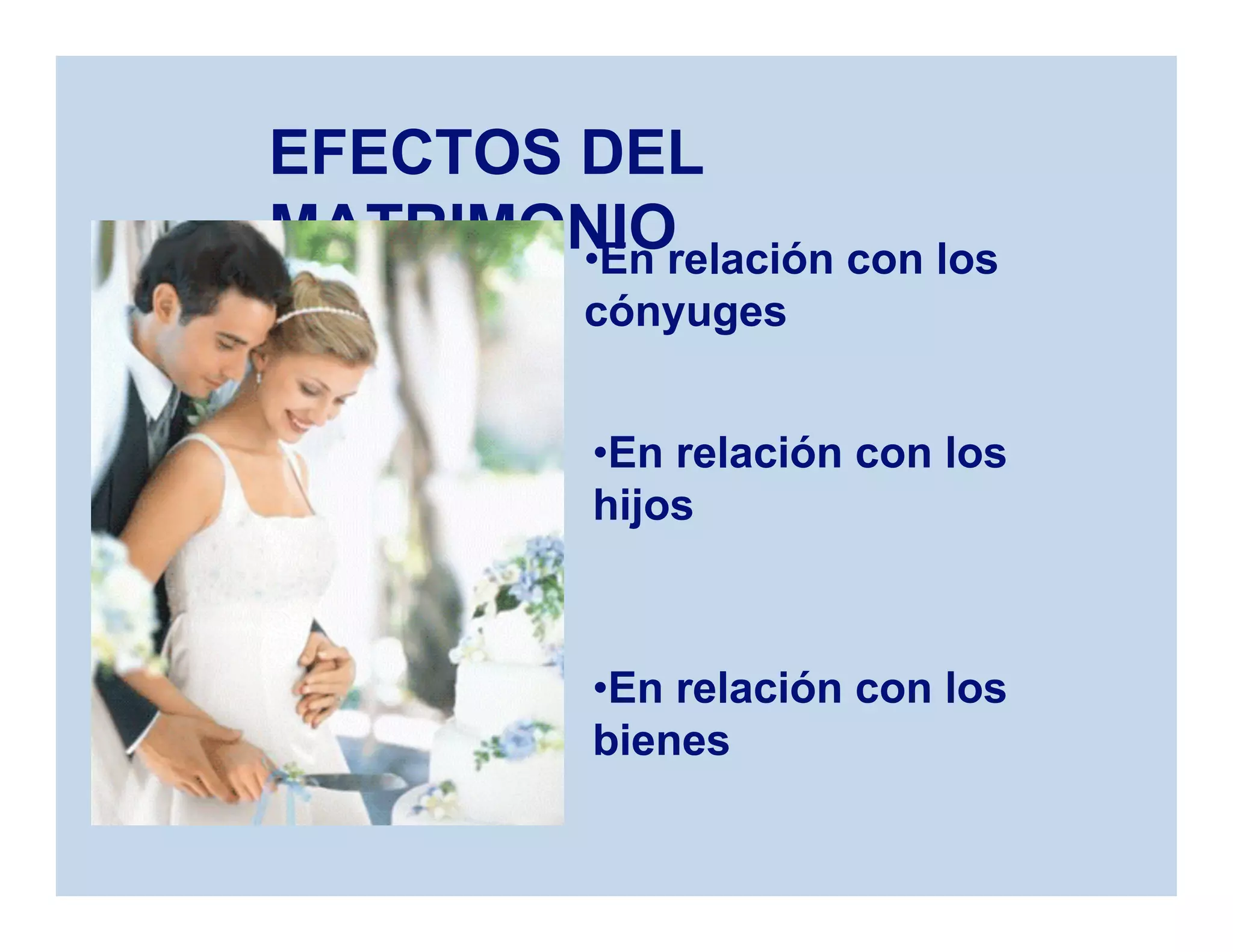 EFECTOS DEL
MATRIMONIO
•En relación con los
hijos
•En relación con los
bienes
•En relación con los
cónyuges
 