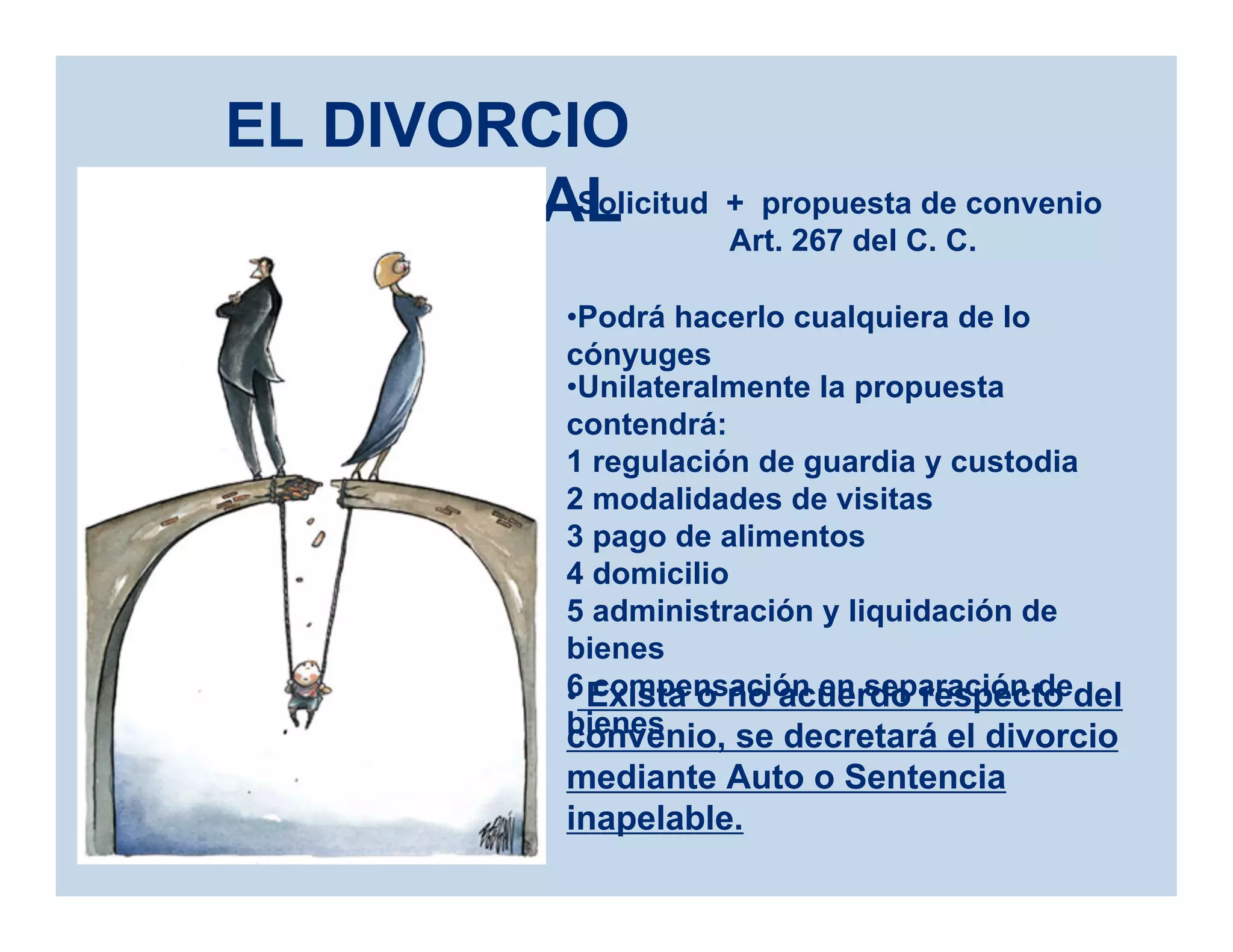 EL DIVORCIO
UNILATERAL•Solicitud + propuesta de convenio
Art. 267 del C. C.
•Podrá hacerlo cualquiera de lo
cónyuges
•Unilateralmente la propuesta
contendrá:
1 regulación de guardia y custodia
2 modalidades de visitas
3 pago de alimentos
4 domicilio
5 administración y liquidación de
bienes
6 compensación en separación de
bienes
• Exista o no acuerdo respecto del
convenio, se decretará el divorcio
mediante Auto o Sentencia
inapelable.
 