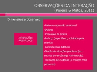 OBSERVAÇÕES DA INTERAÇÃO
(Pereira & Matos, 2011)
Dimensões a observar:
-Afetos e expressão emocional
-Diálogo
-Imposição de limites
-Reforço (espontâneo, solicitado pela
criança)
-Competências didáticas
-Gestão de situações-problema (ex.:
entrada do ex-cônjuge na interação)
-Prestação de cuidados (a crianças mais
pequenas)
INTERAÇÕES
PAIS-FILHOS
 