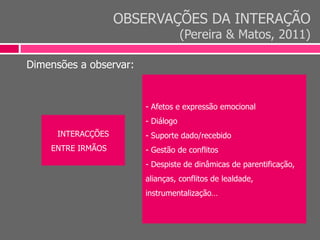 OBSERVAÇÕES DA INTERAÇÃO
(Pereira & Matos, 2011)
Dimensões a observar:
- Afetos e expressão emocional
- Diálogo
- Suporte dado/recebido
- Gestão de conflitos
- Despiste de dinâmicas de parentificação,
alianças, conflitos de lealdade,
instrumentalização…
INTERACÇÕES
ENTRE IRMÃOS
 