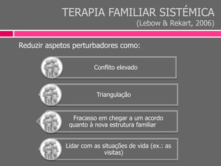 TERAPIA FAMILIAR SISTÉMICA
(Lebow & Rekart, 2006)
Reduzir aspetos perturbadores como:
Conflito elevado
Triangulação
Fracasso em chegar a um acordo
quanto à nova estrutura familiar
Lidar com as situações de vida (ex.: as
visitas)
 