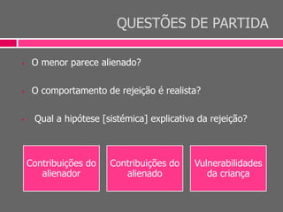 QUESTÕES DE PARTIDA
 O menor parece alienado?
 O comportamento de rejeição é realista?
 Qual a hipótese [sistémica] explicativa da rejeição?
Contribuições do
alienador
Contribuições do
alienado
Vulnerabilidades
da criança
 