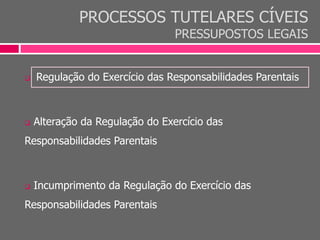 PROCESSOS TUTELARES CÍVEIS
PRESSUPOSTOS LEGAIS
 Regulação do Exercício das Responsabilidades Parentais
 Alteração da Regulação do Exercício das
Responsabilidades Parentais
 Incumprimento da Regulação do Exercício das
Responsabilidades Parentais
 
