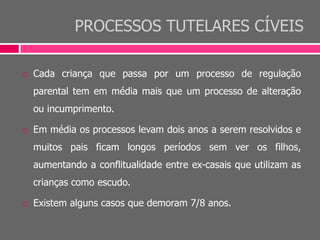 PROCESSOS TUTELARES CÍVEIS
 Cada criança que passa por um processo de regulação
parental tem em média mais que um processo de alteração
ou incumprimento.
 Em média os processos levam dois anos a serem resolvidos e
muitos pais ficam longos períodos sem ver os filhos,
aumentando a conflitualidade entre ex-casais que utilizam as
crianças como escudo.
 Existem alguns casos que demoram 7/8 anos.
 