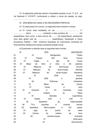 01. A separanda pretende exercer a faculdade prevista no art. 17, § 2° , da
Lei Nacional n° 6.515/77, continuando a utilizar o nome de casada, ou seja,
………………………………………;
III – DOS BENS DO CASAL E DA NECESSÁRIA PARTILHA:
01. O casal possui em comum, os seguintes bens imóveis e móveis:
a) 01 (uma) casa localizado na rua ………………………………, n°
………………, bairro …………….., contendo a área privativa de …………….. m2
(especifique), bem como, a área comum de …….. m2 (especifique), perfazendo
uma área global real de …………………. (especifique), hipotecado à Caixa
Econômica Federal – CEF, conforme fotocópias do instrumento contratual de
financiamento habitacional anexas à presente petição inicial;
b) Guarnecem a referida casa os seguintes bens móveis:
N° QTD DESCRIÇÃO
01 01 Refrigerador Triplex
02 01 Freezer 230 litros Consul
03 01 Fogão à gás 04 bocas
04 01 Mesa de ferro c/ vidro e 06 cadeiras
05 01 Máquina de lava-louças Enxuta
06 01 Máquina de lavar-roupas Mondial
07 01 Máquina de secar-roupas Brastemp
08 01 Sofá bicama
09 01 Sofá c/ gavetas
10 05 Poltronas modulares
11 01 Mesa de Centro
12 01 Canto c/ vidro
13 01 Conjunto c/ 03 mesinhas ovais
14 01 Cadeira do Papai
15 01 Bicicleta ergométrica
16 01 Tapete 3,00 x 3,00 m
17 02 Aparelhos de Videocassetes
18 04 TV’s coloridas c/ controle remoto
19 02 Aparelhos Micro-system c/ CD player
20 01 Jogo de quarto de casal
21 03 Camas de solteiro de ferro
22 02 Guarda-roupas embutido
23 01 Sofá-cama
24 01 Escrivaninha
 