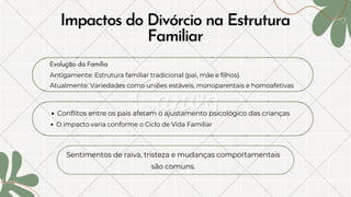 Impactos do Divórcio na Estrutura
Familiar
Evolução da Família
Antigamente: Estrutura familiar tradicional (pai, mãe e filhos).
Atualmente: Variedades como uniões estáveis, monoparentais e homoafetivas
Conflitos entre os pais afetam o ajustamento psicológico das crianças
O impacto varia conforme o Ciclo de Vida Familiar
Sentimentos de raiva, tristeza e mudanças comportamentais
são comuns.
 