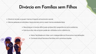 Divórcio tende a causar menos impacto emocional e social;
Menos pessoas envolvidas e laços sociais como casal menos estabelecidos;
Divórcio em Famílias sem Filhos
Recomeçar é menos difícil, pois ambos têm experiência como solteiros;
Estrutura de vida anterior pode ser utilizada como referência;
Maior facilidade em lidar com independência financeira e socialização;
Contexto atual favorece famílias com carreiras duplas.
 