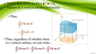 • Notice that, on S3, we have k ∙ n = 0,
because k is vertical and n is horizontal.
–Thus,
3
3
0 0
S
S
R dS
dS
×
= =
∫∫
∫∫
k n
• Thus, regardless of whether there
is a vertical surface, we can write:
1 2S S S
R dS R dS R dS× = × + ×∫∫ ∫∫ ∫∫k n k n k n
 