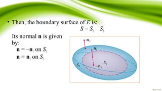 • Then, the boundary surface of E is:
S = S1 S2
Its normal n is given
by:
n = –n1 on S1
n = n2 on S2
 