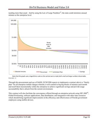 DivTel Business Model and Value 2.0 

needing more than usual. And by using the Law of Large Numbers24, the state could minimize unused
minutes at the enterprise level.



  $20.000




    $1.000




    $0.050




    $0.003
             1004
             1063
             1122
             1181
             1240
             1299
             1358
             1417
             1476
             1535
             1594
             1653
             1712
             1771
             1830
             1889
             1948
               60
              119
              178
              237
              296
              355
              414
              473
              532
              591
              650
              709
              768
              827
              886
              945
                1




                                         Piecemeal        Unlimited Plan


FIGURE 12


Through this procurement and use of OaSIS, SUNCOM expects to implement a contract akin to a “family
plan” for all enterprise mobile charges whereby it will commit to buying blocks of minutes each month
and resell them incrementally within the enterprise to achieve significant savings and provide usage
accountability that is absent from the current environment.

This contract will also facilitate the convergence offered through an enterprise network using SIP, IMS94,
Global Positioning, software applications, data distribution, and integration with other state resources
which should bring significant improvements in the efficiency and effectiveness of Florida government
employees using mobile devices.
                                 




Printed 2/4/2011 9:39 AM                                                                          Page 54 
 