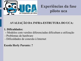 Experiências da fase piloto uca AVALIAÇÃO DA INFRA-ESTRUTURA DO UCA: 1. Dificuldades: -  Modelos com versões diferenciadas dificultam a utilização - Problemas de hardware - Dificuldades de conexão à Internet Escola Herly Parente: ? 