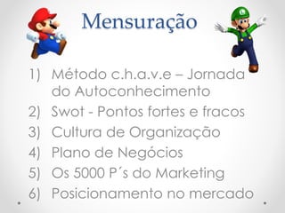 Mensuração 
1) Método c.h.a.v.e – Jornada 
do Autoconhecimento 
2) Swot - Pontos fortes e fracos 
3) Cultura de Organização 
4) Plano de Negócios 
5) Os 5000 P´s do Marketing 
6) Posicionamento no mercado 
 