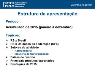 www.fee.rs.gov.br
Estrutura da apresentação
Período:
Acumulado de 2015 (janeiro a dezembro)
Tópicos:
 RS x Brasil
 RS x Unidades da Federação (UFs)
 Setores de atividade
• Agropecuária
• Indústria de transformação
 Países de destino
 Principais produtos exportados
 Destaques de 2015
 