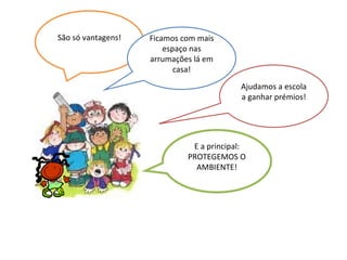 São só vantagens! Ficamos com mais espaço nas arrumações lá em casa! Ajudamos a escola a ganhar prémios! E a principal: PROTEGEMOS O AMBIENTE! 
