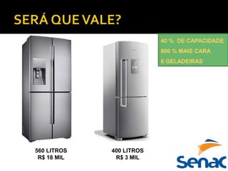 560 LITROS
R$ 18 MIL
400 LITROS
R$ 3 MIL
40 % DE CAPACIDADE
600 % MAIS CARA
6 GELADEIRAS
 