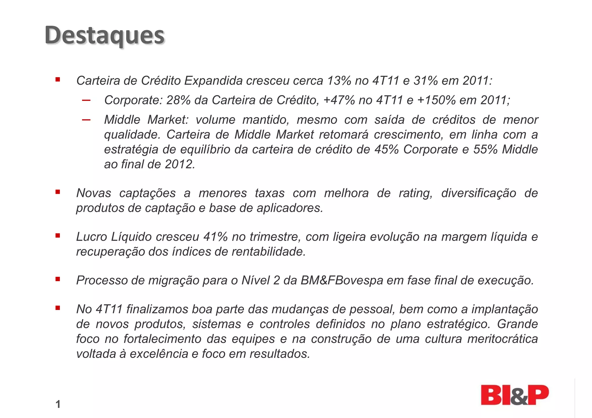 Destaques
    Carteira de Crédito Expandida cresceu cerca 13% no 4T11 e 31% em 2011:
     ‒ Corporate: 28% da Carteira de Crédito, +47% no 4T11 e +150% em 2011;
     ‒ Middle Market: volume mantido, mesmo com saída de créditos de menor
        qualidade. Carteira de Middle Market retomará crescimento, em linha com a
        estratégia de equilíbrio da carteira de crédito de 45% Corporate e 55% Middle
        ao final de 2012.

    Novas captações a menores taxas com melhora de rating, diversificação de
    produtos de captação e base de aplicadores.

    Lucro Líquido cresceu 41% no trimestre, com ligeira evolução na margem líquida e
    recuperação dos índices de rentabilidade.

    Processo de migração para o Nível 2 da BM&FBovespa em fase final de execução.

    No 4T11 finalizamos boa parte das mudanças de pessoal, bem como a implantação
    de novos produtos, sistemas e controles definidos no plano estratégico. Grande
    foco no fortalecimento das equipes e na construção de uma cultura meritocrática
    voltada à excelência e foco em resultados.



1
 