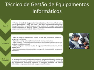 Técnico de Gestão de Equipamentos
               Informáticos
             •O Técnico de Gestão de Equipamentos Informáticos é o profissional qualificado apto a
              instalar equipamentos e redes, bem como a fazer a sua manutenção e administração.
 O que é?     Este profissional tem competências para realizar atividades de conceção, especificação,
              projeto, implementação, avaliação, suporte e manutenção de sistemas e de tecnologias
              de processamento e transmissão de dados e informações.




             • Instala e configura computadores, isolados ou em rede, dispositivos, periféricos e
              programas informáticos.
             • Diagnostica e corrige falhas no funcionamento de sistemas informáticos.
             • Instala, configura e administra sistemas operativos de rede e aplicações de comunicação
O que faz?    de dados (e-mail, Internet, etc.).
             • Instala, configura e promove soluções de segurança informática (antivírus, firewall,
              backup, etc.).
             • Desenha circuitos eletrónicos, concebe a montagem de circuitos e solda componentes
              eletrónicos.




Onde pode    •O Técnico de Gestão de Equipamentos Informáticos pode desenvolver a sua atividade em
trabalhar?    empresas fornecedoras de soluções informáticas de hardware, empresas de manutenção
              de equipamentos informáticos, empresas e instituições detentoras de sistemas
              informáticos e empresas vendedoras de equipamentos informáticos.
 
