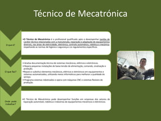 Técnico de Mecatrónica

             •O Técnico de Mecatrónica é o profissional qualificado apto a desempenhar tarefas de
              caráter técnico relacionadas com a manutenção, reparação e adaptação de equipamentos
 O que é?     diversos, nas áreas de eletricidade, eletrónica, controlo automático, robótica e mecânica,
              respeitando as normas de higiene e segurança e os regulamentos específicos.




             • Analisa documentação técnica de sistemas mecânicos, elétricos e eletrónicos.
             • Repara pequenas instalações de baixa tensão de alimentação, comando, sinalização e
              proteção.
O que faz?   •Repara e substitui elementos mecânicos, elétricos e eletrónicos em equipamentos e
              sistemas automatizados, utilizando meios informáticos para melhorar a qualidade do
              serviço.
             • Programa sistemas robotizados e opera com máquinas CNC e sistemas flexíveis de
              produção.




             •O Técnico de Mecatrónica pode desempenhar funções em empresas dos setores de
Onde pode     reparação automóvel, robótica e indústrias de equipamentos mecânicos e eletrónicos.
trabalhar?
 