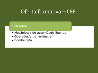 Oferta formativa – CEF

Setembro

• Mecânico/a de automóveis ligeiros
• Operador/a de jardinagem
• Bombeiro/a
 