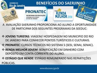 A AVALIAÇÃO SAERJINHO PROPORCIONA AO ALUNO A OPORTUNIDADE
DE PARTICIPAR DOS SEGUINTES PROGRAMAS DA SEEDUC:
 JOVENS TURISTAS: VIAGEM/ HOSPEDAGEM NO MUNICIPIO DO RIO
DE JANEIRO PARA CONHECER PONTOS TURÍSTICOS E CULTURAIS.
 PRONATEC: CURSOS TÉCNICOS NO SISTEMA S (SESI, SENAI, SENAC).
 RENDA MELHOR JOVEM: BONIFICAÇÃO EM DINHEIRO COM
DEPÓSITO EM CONTA-CORRENTE DO ALUNO.
 ESTÁGIO QUE RENDE: ESTÁGIO REMUNERADO NAS REPARTIÇÕES
PÚBLICAS.
 