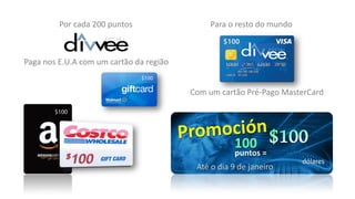 Paga nos E.U.A com um cartão da região
Por cada 200 puntos Para o resto do mundo
puntos =
dólares
Até o dia 9 de janeiro
100
Com um cartão Pré-Pago MasterCard
 