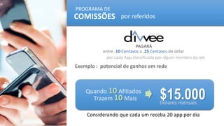 Exemplo : potencial de ganhos em rede
entre .10 Centavos a .25 Centavos de dólar
por cada App classificada por algum membro da rde
PROGRAMA DE
por referidos
PAGARÁ
COMISSÕES
Quando 10 Afiliados
Trazem 10 Mais $15.000Dólares mensais
Considerando que cada um receba 20 app por dia
 